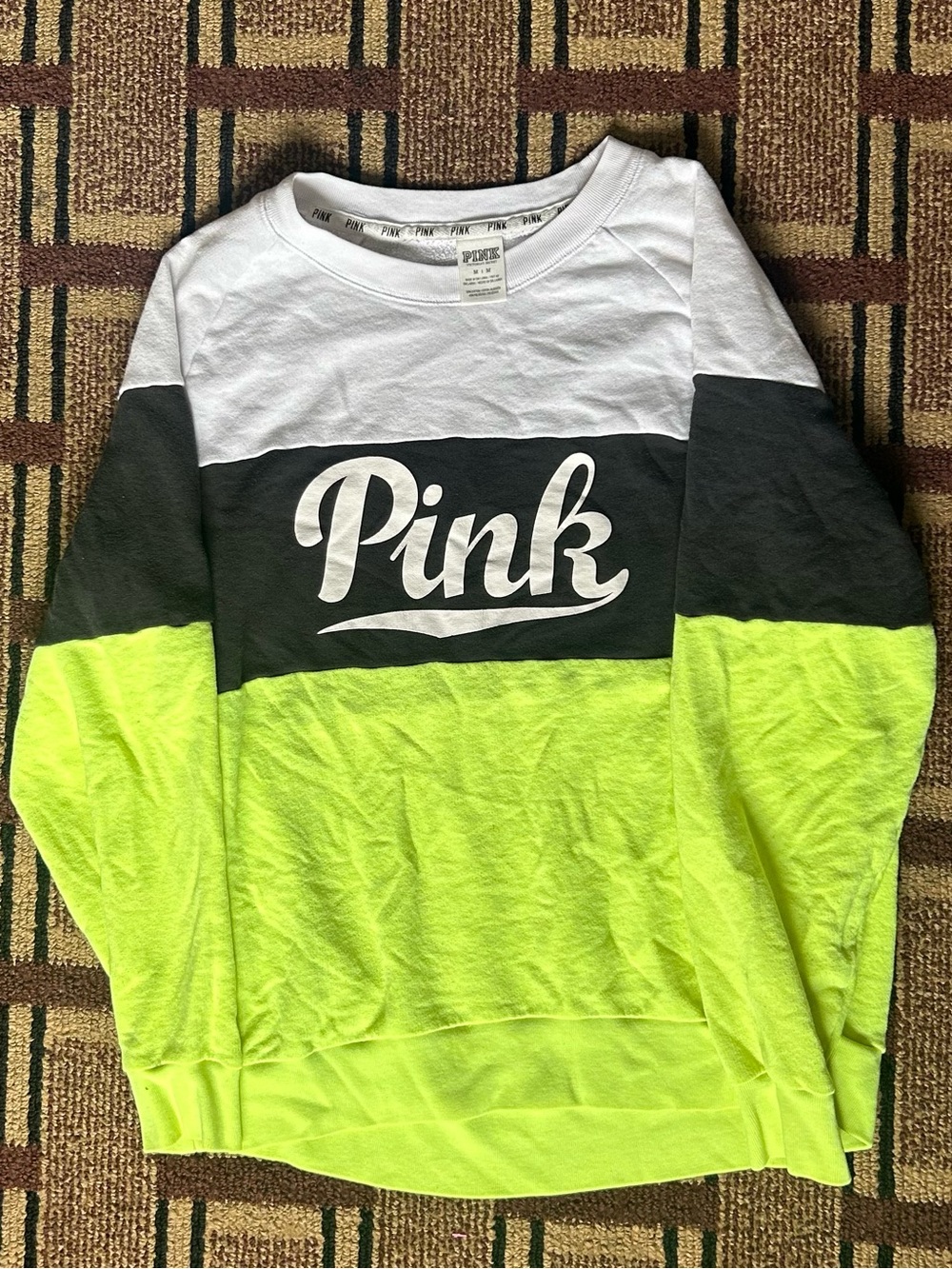 PINK Victoria's Secret White Charcoal Neon Yellow Colorblock Crewneck Sweater